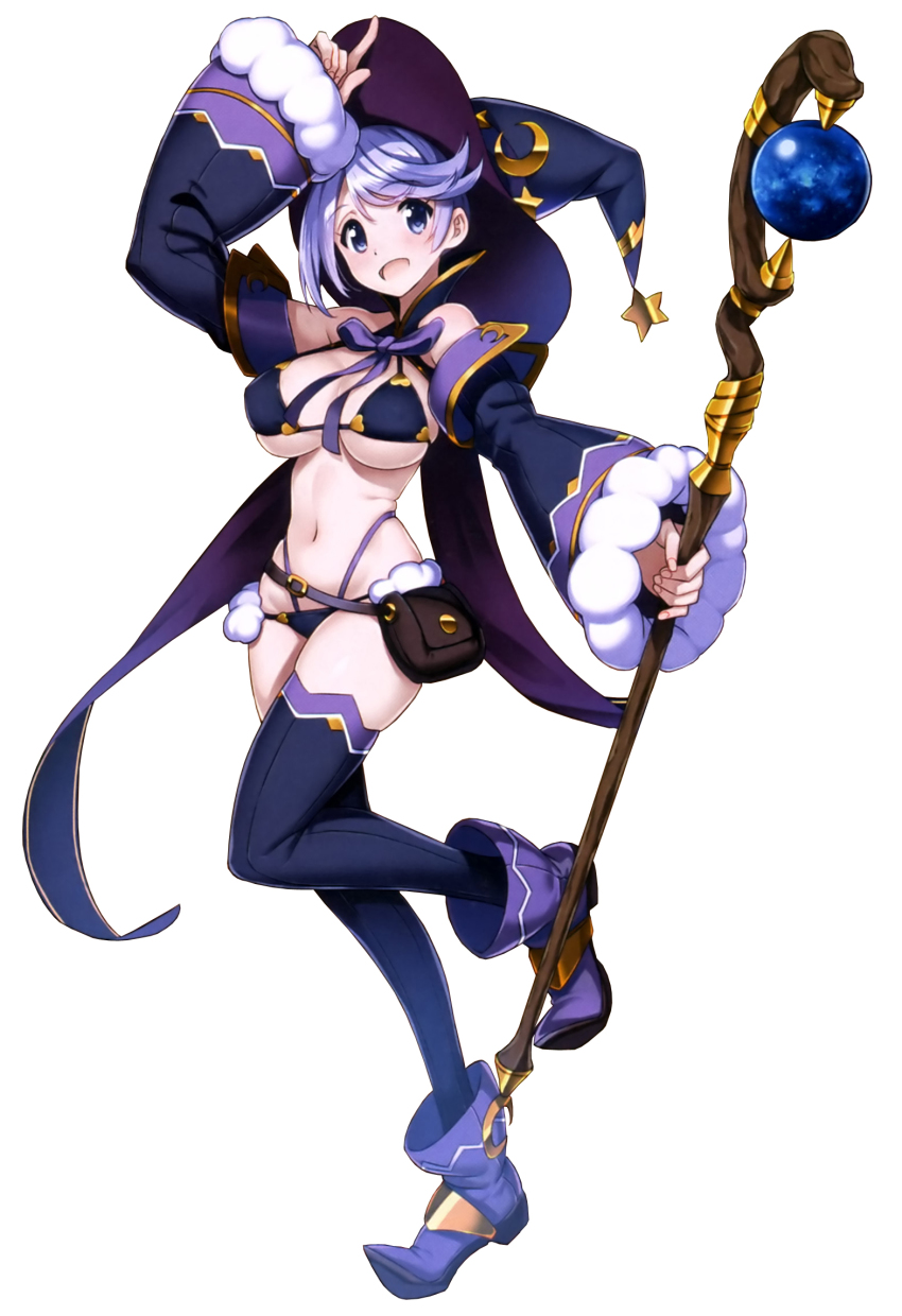 10s 1girl bikini bikini_top_only bikini_warriors black_bikini boots breasts colored_skin detached_sleeves female_focus full_body hat highres kakuma_ai large_breasts light_purple_hair long_hair mage_(bikini_warriors) official_art purple_eyes purple_hair saitou_masatsugu solo staff staff_(weapon) swimsuit underboob voice_actor_connection weapon white_background white_skin witch_hat wizard_hat
