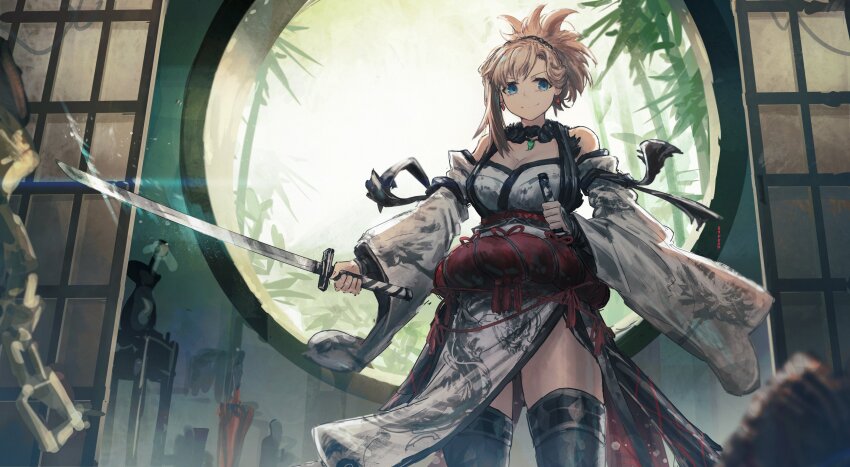 1girl absurdres bare_shoulders black_hairband black_thighhighs blonde_hair blue_eyes breasts cleavage closed_mouth commentary cowboy_shot detached_sleeves earrings english_commentary fate/samurai_remnant fate_(series) franlol hairband highres holding holding_sword holding_weapon japanese_clothes jewelry katana kimono large_breasts leaf_earrings long_sleeves looking_at_viewer magatama magatama_necklace medium_hair miyamoto_musashi_(fate) miyamoto_musashi_(woman_of_niten_ichiryuu)_(fate) necklace single_sidelock sleeveless sleeveless_kimono smile solo sword thighhighs weapon white_kimono white_sleeves wide_sleeves