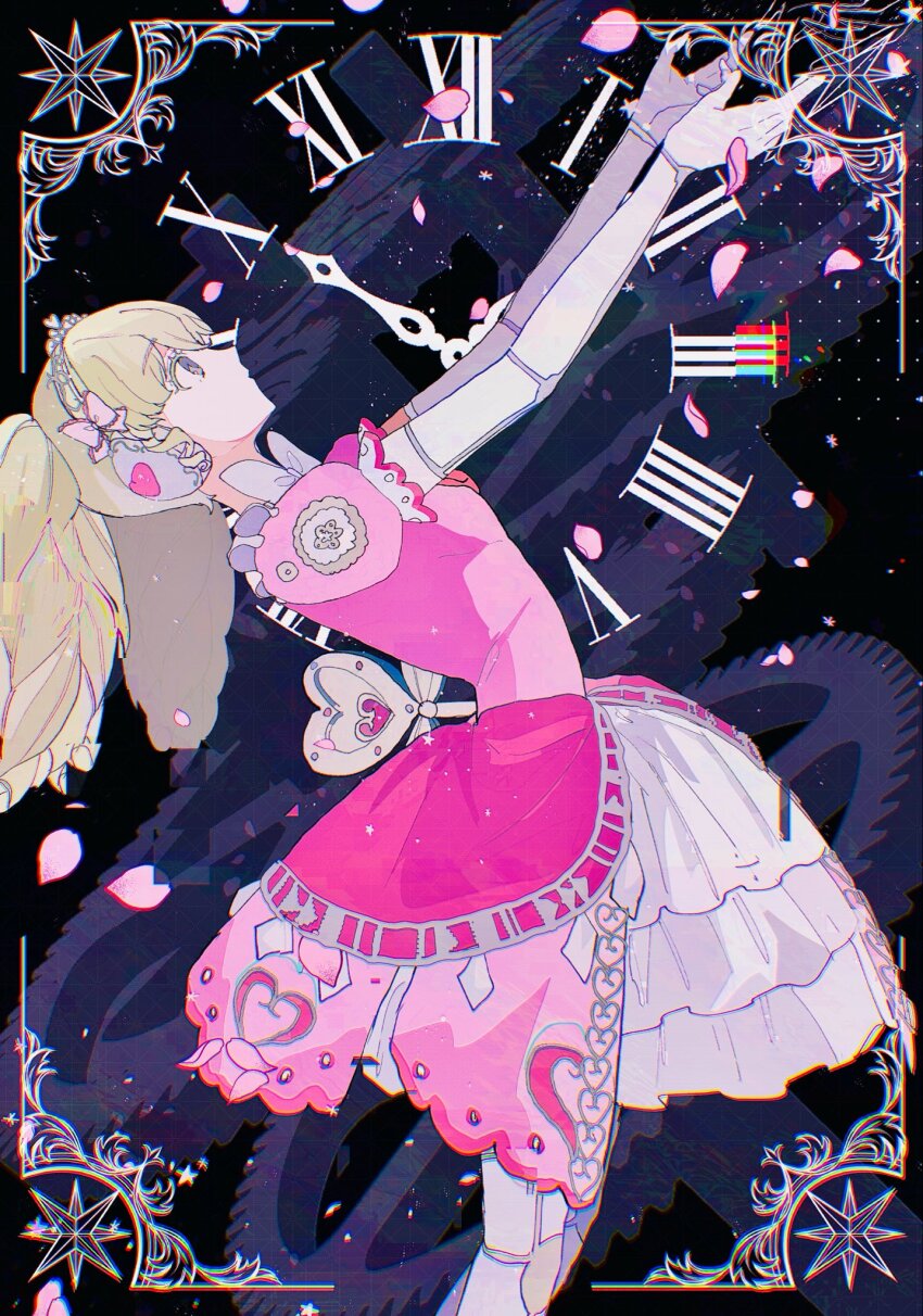 1girl arms_up chromatic_aberration clock colored_eyelashes commentary_request doll_joints dress elbow_gloves falulu from_side gears gloves green_hair grey_eyes headphones highres idol_clothes joints long_hair looking_ahead looking_to_the_side lrprr outstretched_arms petals pink_dress pretty_series pripara puffy_short_sleeves puffy_sleeves roman_numeral rose_petals short_sleeves solo standing twintails white_gloves winding_key