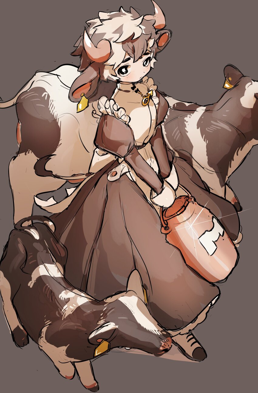 1boy absurdres animal animal_ears black_dress black_eyes black_hair cow cow_ears cow_girl dress ear_tag highres holding juliet_sleeves long_sleeves looking_at_viewer male_focus mars_symbol multicolored_hair original puffy_sleeves shima_(wansyon144) short_hair simple_background solo two-tone_hair
