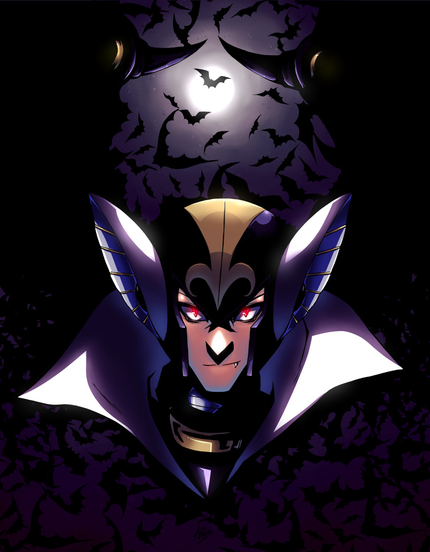 1boy absurdres bat_(animal) bat_wings expressionless fang highres looking_at_viewer mega_man_(classic) mega_man_(series) mega_man_7 moon night night_sky no_humans red_eyes robot robot_ears shade_man sky vampire wings