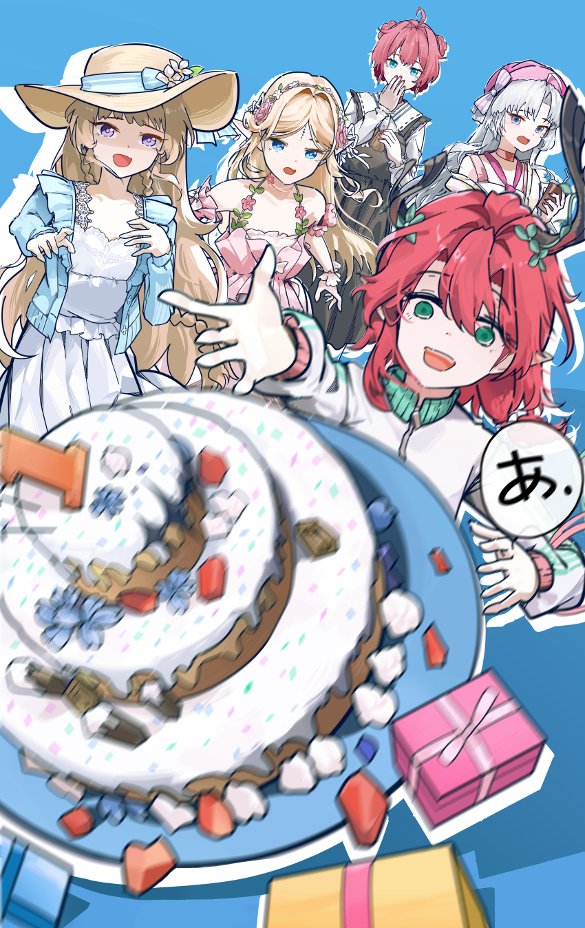 5girls absurdres alternate_costume bare_shoulders black_dress blonde_hair blue_background blue_eyes blue_jacket box cake carlotta_(wuthering_waves) cartethyia_(wuthering_waves) ciaccona_(wuthering_waves) commentary covering_own_mouth cup danjin_(wuthering_waves) dress english_commentary flower food gift gift_box green_eyes hair_flower hair_intakes hair_ornament hat highres holding holding_cup jacket long_hair motion_blur multiple_girls official_alternate_costume open_mouth parted_bangs phoebe_(wuthering_waves) pink_dress pink_hat purple_eyes red_hair revision ryeon_(naturesan) short_hair tacet_mark_(wuthering_waves) translation_request tree_horns white_dress wuthering_waves yellow_hat