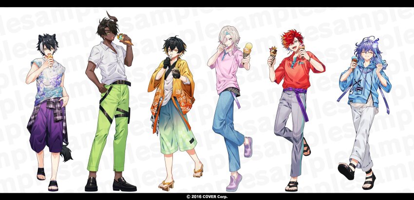 6+boys :3 ;d ^_^ alternate_costume animal_ears antenna_hair aqua_eyes aqua_hair aqua_pants aragami_oga belt black_belt black_border black_footwear black_gloves black_hair blonde_hair blue_hair blue_hoodie blue_pants border capri_pants casual closed_eyes clothes_around_waist copyright_notice crossed_bangs cup curtained_hair dark-skinned_male dark_skin drawstring earrings eating eyepatch food full_body geta gloves gradient_clothes gradient_pants green_eyes green_pants grey_pants hair_between_eyes hair_ornament hair_over_one_eye hairclip hand_on_own_hip haori highres hitodama hizaki_gamma holding holding_cup holding_food holding_ice_cream holding_spoon holostars hood hood_down hoodie horns ice_cream ice_cream_cone incoming_food jackal_boy jackal_ears jackal_tail jacket japanese_clothes jewelry kageyama_shien kimono letterboxed light_blush loafers long_hair long_sleeves looking_at_viewer low-tied_long_hair male_focus medium_hair minase_rio mint_chocolate multicolored_hair multiple_boys naruta_iyo object_in_pocket official_art one_eye_closed open_collar open_mouth orange_hair pants pen_in_pocket pink_hair pink_shirt plaid_clothes pocket pocky polo_shirt purple_belt purple_footwear purple_hair purple_pants red_hair red_shirt sample_watermark sandals sharp_teeth shirt shoes short_hair short_kimono side_part single_horn smile splatter_print spoon standing standing_on_one_leg streaked_hair t-shirt tail teeth toeless_footwear two-tone_hair untucked_shirt utsugi_uyu virtual_youtuber wafer watch watermark whipped_cream white_background white_eyes white_hair white_kimono white_pants white_shirt wristwatch yatogami_fuma yellow_eyes yellow_jacket
