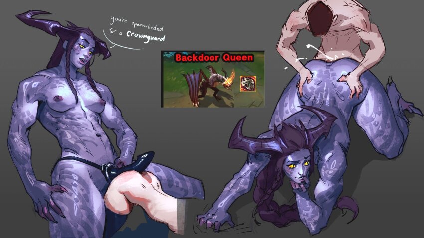 1boy 2girls all_fours bisexual_female black_thighhighs braid braided_sidelock breasts buttjob claws colored_skin cum cum_overflow dildo doggystyle dragon_girl feet_out_of_frame finger_in_own_mouth garen_(league_of_legends) grinding hands_on_another&#039;s_hips hetero highres horns jeremy_anninos kneeling league_of_legends lips long_hair monster_girl multiple_braids multiple_girls navel nipples purple_hair purple_skin sex sex_from_behind sex_toy shyvana sidelocks size_difference slit_pupils small_breasts solo_focus stomach strap-on thighhighs toned toned_female top-down_bottom-up video_thumbnail yellow_eyes