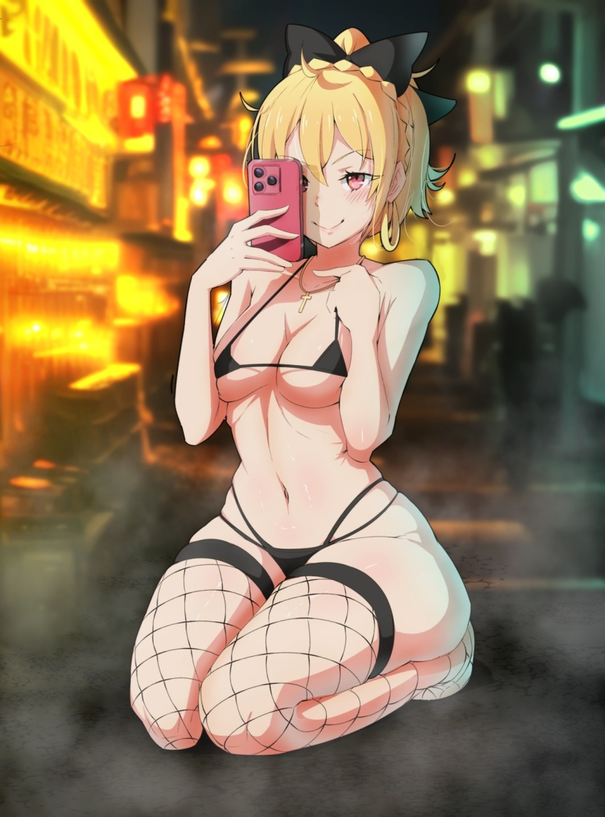 bow cedric_(gear_art) cellphone felt_(re:zero) fishnets highres phone re:zero_kara_hajimeru_isekai_seikatsu smartphone underwear underwear_only