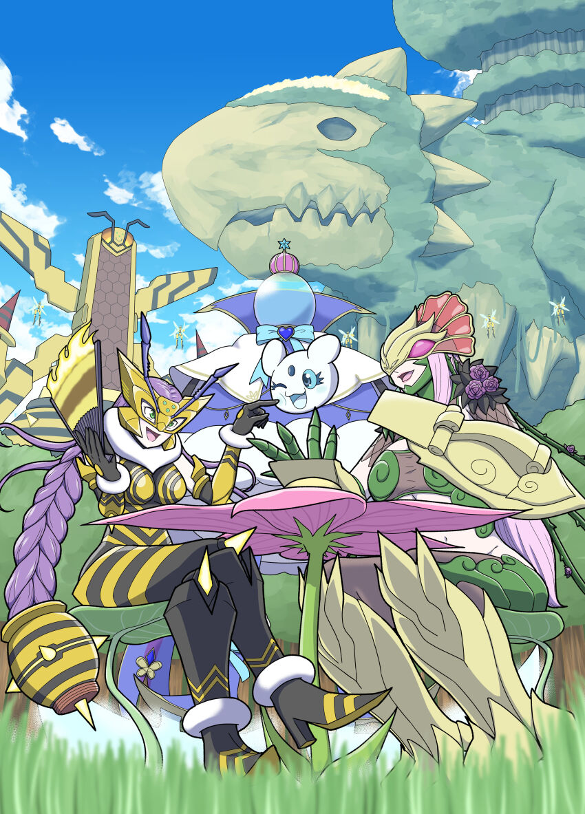 2girls absurdres bird braid breasts ceresmon ceresmon_medium covered_eyes crossed_legs digimon digimon_(creature) eye_mask flower hand_fan highres holding holding_fan large_breasts long_hair multiple_girls narome_and_levy one_eye_closed pink_hair plant purple_flower purple_hair purple_rose queenbeemon rose sitting skadimon strapless table tube_top twin_braids vespamon vines yellow_mask