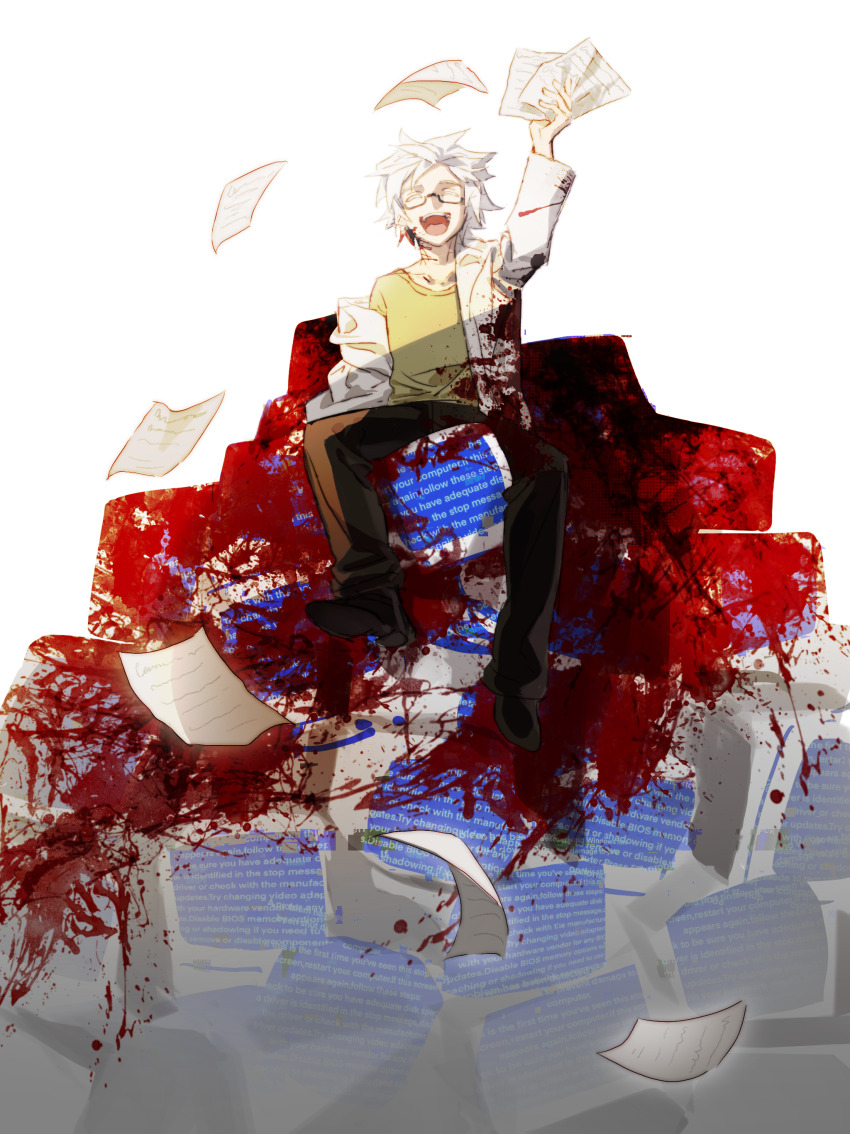 1boy :d absurdres arm_up black_pants black_shoes blood blood_on_clothes chinese_commentary closed_eyes commentary_request english_text full_body glasses green_shirt highres holding holding_paper kanou_aogu lab_coat male_focus monitor off_shoulder open_clothes open_mouth pants paper papers rectangular_eyewear saibou_shinkyoku scikoxd semi-rimless_eyewear shirt shoes short_hair sitting smile solo teeth upper_teeth_only white_hair