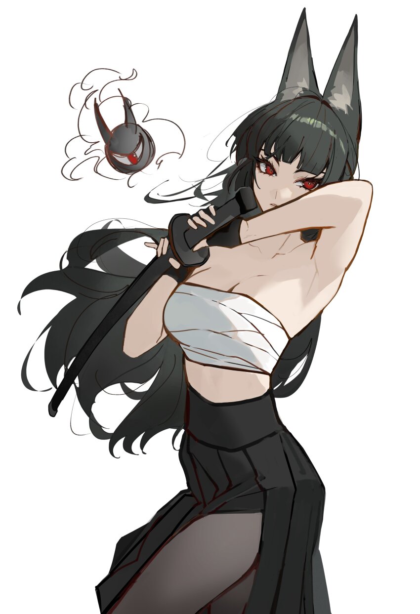 1girl absurdres animal_ears armpits battoujutsu_stance black_gloves black_hair black_leggings black_skirt breasts chest_sarashi fighting_stance fingerless_gloves fox_ears gloves highres hoshimi_miyabi kanniiepan katana leggings light_frown long_hair medium_breasts ready_to_draw red_eyes sarashi sheath simple_background skirt solo sword tailless_(zenless_zone_zero) unsheathing weapon white_background zenless_zone_zero