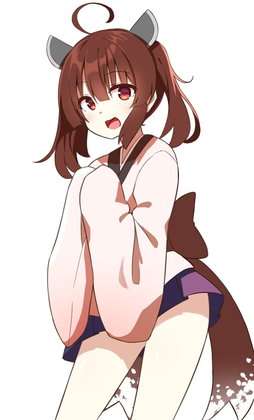 1girl :d ahoge blunt_bangs brown_hair chaakusu commentary contrapposto cowboy_shot flat_chest gradient_clothes gradient_kimono headgear highres japanese_clothes kimono looking_at_viewer medium_hair miniskirt obi open_mouth own_hands_together pleated_skirt purple_skirt red_eyes sash simple_background skirt smile solo standing touhoku_kiritan twintails voiceroid white_background wide_sleeves