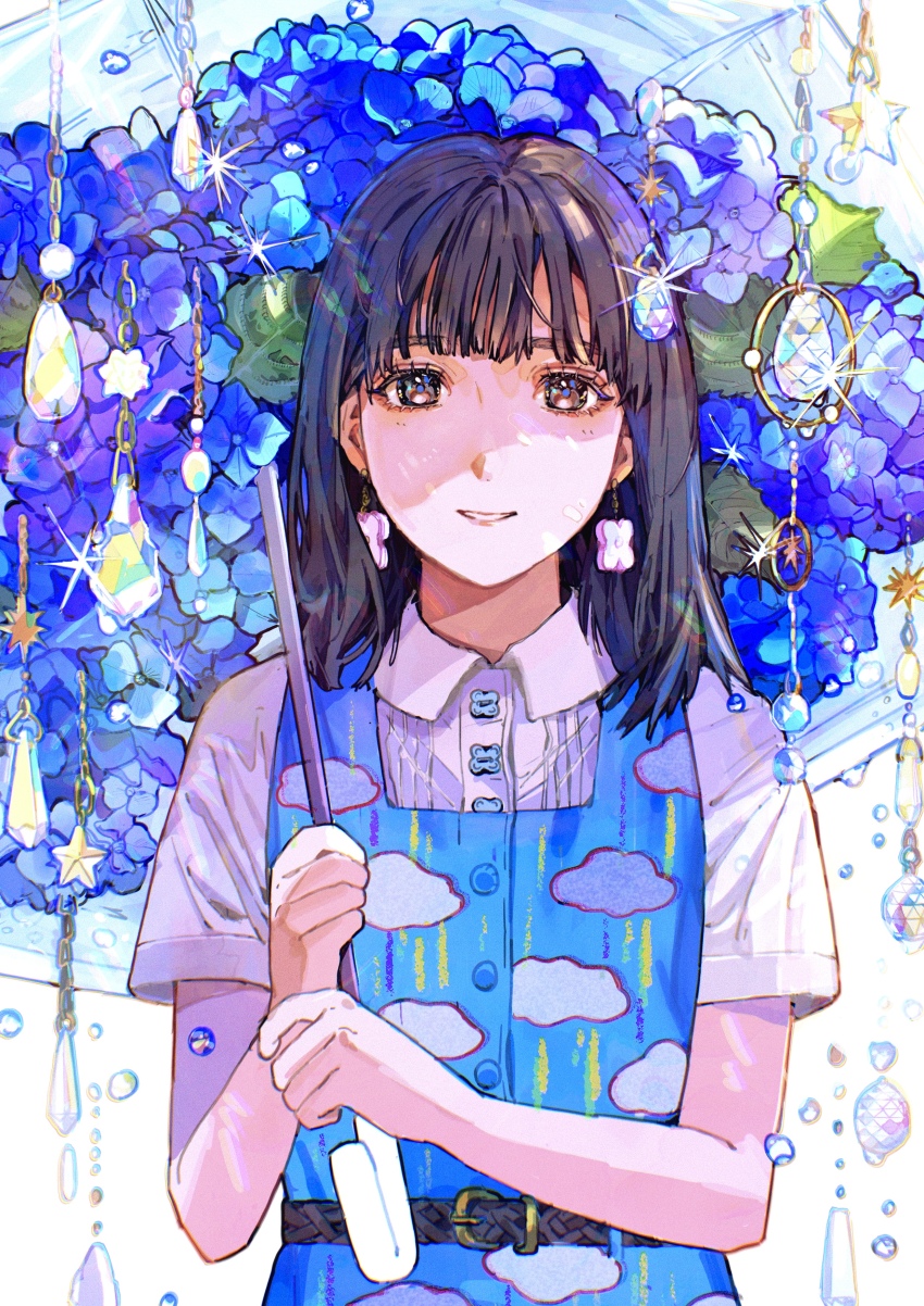 1girl absurdres black_hair blue_dress blue_flower brown_eyes buchi_(qooo003) collared_shirt commentary_request dress dress_shirt eyebrows_hidden_by_hair flower highres holding holding_umbrella hydrangea looking_at_viewer original parted_lips pinafore_dress shirt short_sleeves sleeveless sleeveless_dress smile solo thick_eyebrows umbrella umbrella_flower upper_body white_shirt white_umbrella