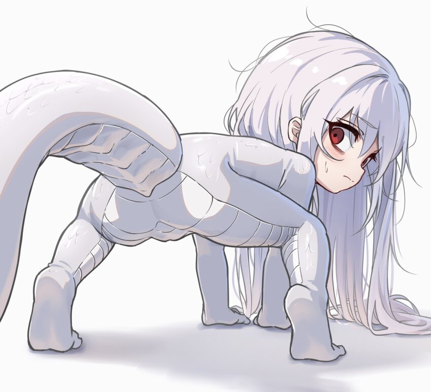 1girl 2025 all_fours animal_costume ass bodysuit chinese_zodiac eha7y highres long_hair messy_hair original presenting presenting_ass red_eyes simple_background snake snake_costume snake_tail soles tail wasabi-chan_(eha7y) white_background white_hair white_snake year_of_the_snake
