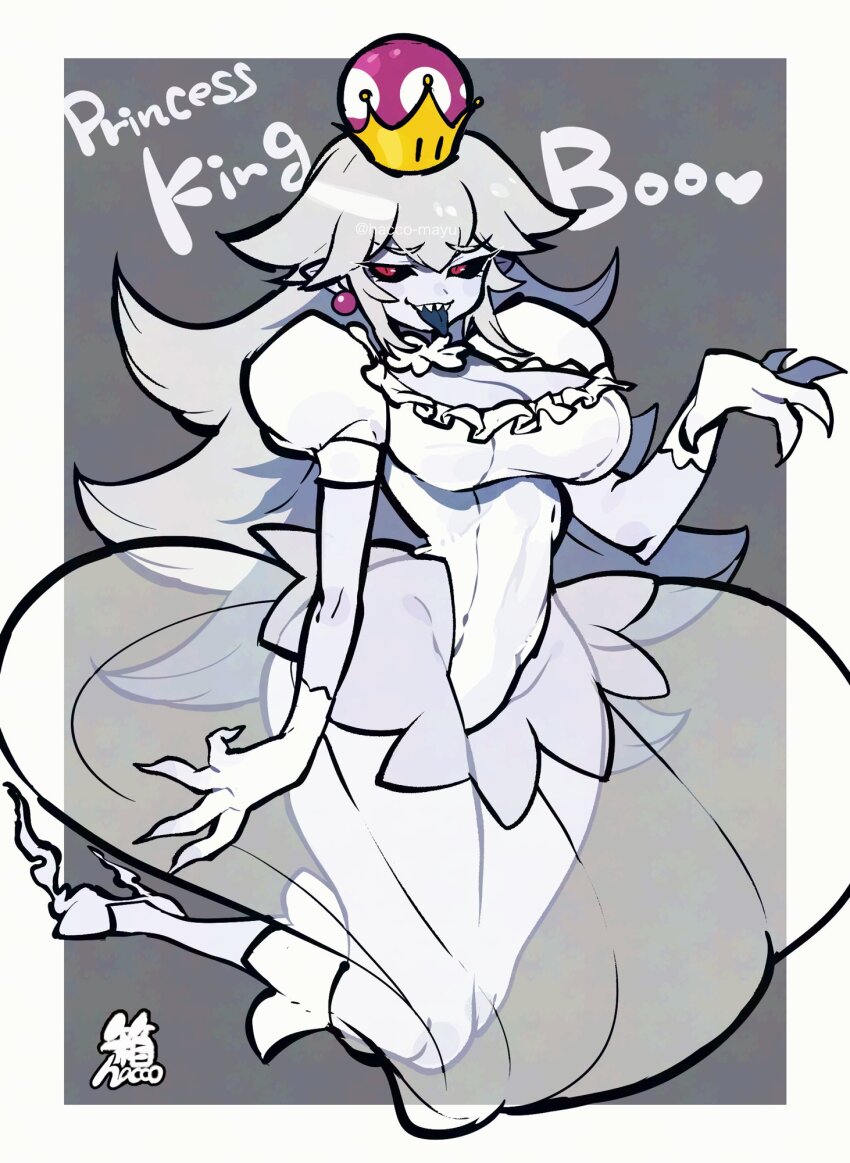black_sclera blue_tongue breasts character_name claws colored_sclera colored_skin colored_tongue crown earrings eyelashes fingernails floating gloves grey_hair grey_skin hacco_mayu half-closed_eyes hand_up high_heels highres jewelry large_breasts legs_up leotard long_hair luigi&#039;s_mansion mario_(series) new_super_mario_bros._u_deluxe nintendo open_mouth princess_king_boo puffy_short_sleeves puffy_sleeves red_eyes see-through_clothes see-through_skirt sharp_fingernails sharp_teeth short_sleeves skirt smile sphere_earrings super_crown teeth tongue tongue_out very_long_hair white_gloves white_leotard