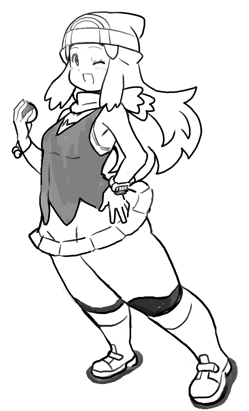 1girl absurdres beanie blush boots bracelet breasts dawn_(pokemon) floating_scarf full_body hair_ornament hairclip hand_on_own_hip hat highres holding holding_poke_ball jewelry kneehighs koutarosu long_hair looking_at_viewer monochrome nintendo one_eye_closed poke_ball pokemon pokemon_dppt scarf shirt sleeveless sleeveless_shirt smile socks solo split_mouth wide_hips wink