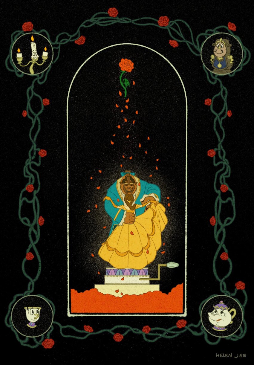 1boy 1girl arm_around_waist artist_name ball_gown beast_(disney) beauty_and_the_beast_(disney) belle_(disney) blue_coat brown_hair candlestand chip_(disney) clock coat cogsworth couple cup dancing dress elbow_gloves falling_petals flower gloves gold_trim hair_over_shoulder helen_jee hetero highres holding_another&#039;s_wrist horns long_hair lumiere_(disney) monster mrs._potts petals red_flower red_petals red_rose rose teacup teapot yellow_dress