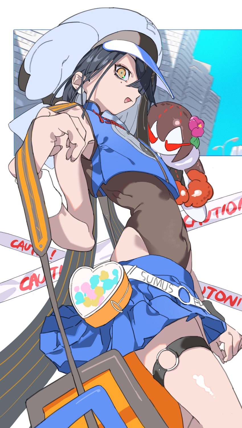 1girl absurdres bare_shoulders black_hair black_one-piece_swimsuit blue_shirt blue_skirt brown_eyes chainsaw character_doll crop_top doll fate/grand_order fate_(series) flat_chest hair_over_one_eye hat highres himuro_yukichiko looking_at_viewer miniskirt mole mole_under_eye one-piece_swimsuit open_mouth shirt short_hair skirt sleeveless sleeveless_shirt solo swimsuit swimsuit_under_clothes thigh_strap thighs white_hat wristband xu_fu_(fate) xu_fu_(swimsuit_avenger)_(first_ascension)_(fate) yin_yang yin_yang_print yu_mei-ren_(fate)