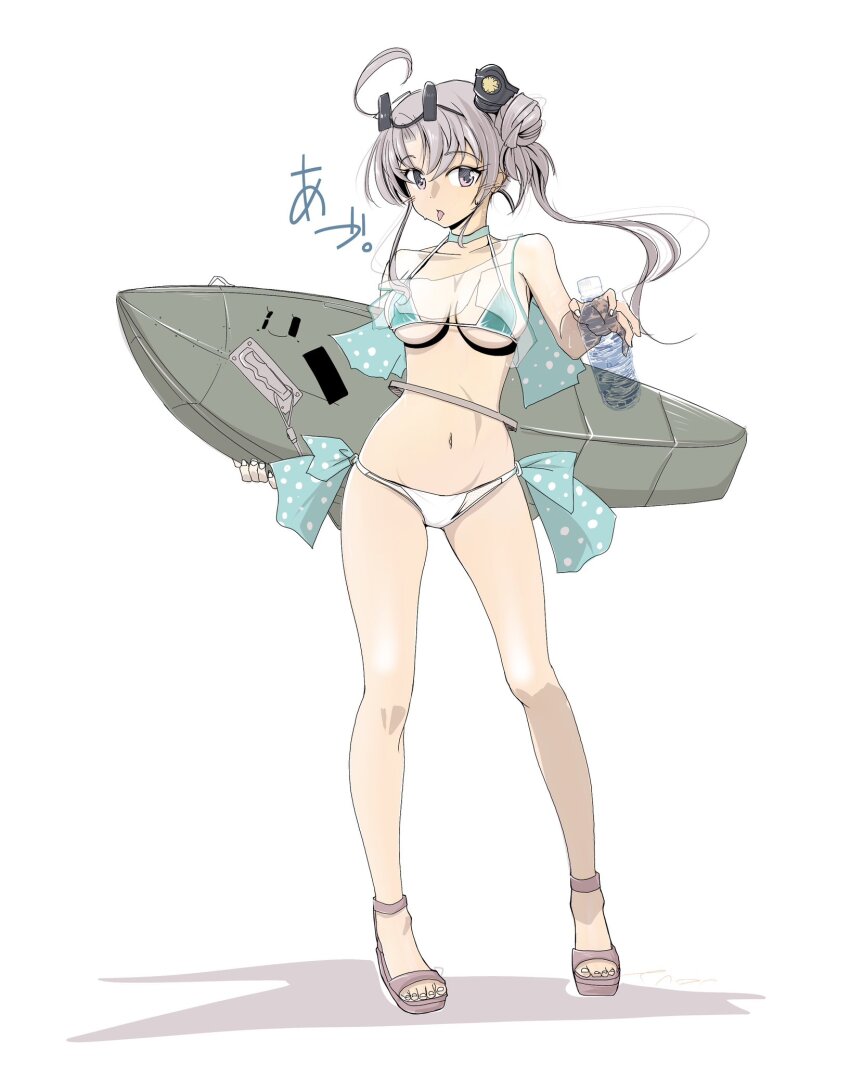 1girl adapted_costume akitsushima_(kancolle) akitsushima_(swimsuit)_(kancolle) bikini bikini_day breasts full_body grey_eyes grey_hair hat highres kantai_collection medium_breasts mini_hat mismatched_bikini nishikitaitei-chan see-through_clothes see-through_shirt shirt side_ponytail simple_background solo standing surfboard swimsuit tada_(tactical_tada) white_background