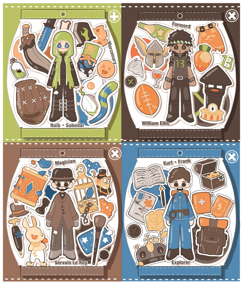 4boys alexander_the_great_(identity_v) american_football_(object) american_football_uniform backpack bag ball beard bee belt bird birdcage black_bow black_bowtie black_headwear black_shirt blue_eyes blue_pants blue_shirt book boots bottle bow bowtie bread bread_slice brown_bag brown_belt brown_coat brown_headwear bug button_eyes buttons cage cane cape carrot cat cheese coat coin combat_knife cup dark-skinned_male dark_skin drinking_glass egg_(food) elbow_pads facial_hair feathers fedora first_aid_kit flower food fried_egg goatee gold_coin green_headband green_hoodie grey_footwear hat headband helmet highres hood hood_up hoodie identity_v insect jewelry knife knife_sheath kurt_frank long_sleeves male_focus multiple_boys naib_subedar necklace nib_pen_(object) open_book outline pants passport pearl_necklace pen postage_stamp rabbit rose servais_le_roy sheath shirt shoes shoulder_pads sleeveless sleeveless_hoodie sparkle sportswear standing tail tombstone top_hat tornado traditional_bowtie treasure_chest typo umbrella weapon white_outline whybe123 william_ellis wine_bottle wine_glass winged_helmet x_x yellow_flower yellow_rose zipper_pull_tab