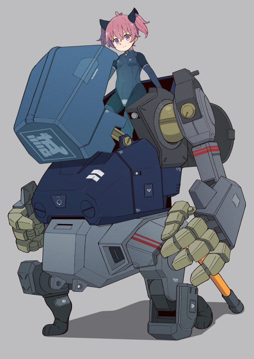 1girl black_bodysuit bodysuit breasts commentary_request grey_background hair_ornament hairpin hashtag-only_commentary highres mecha mecha_pilot_suit original red_eyes red_hair robot small_breasts smile solo tsukigi twintails