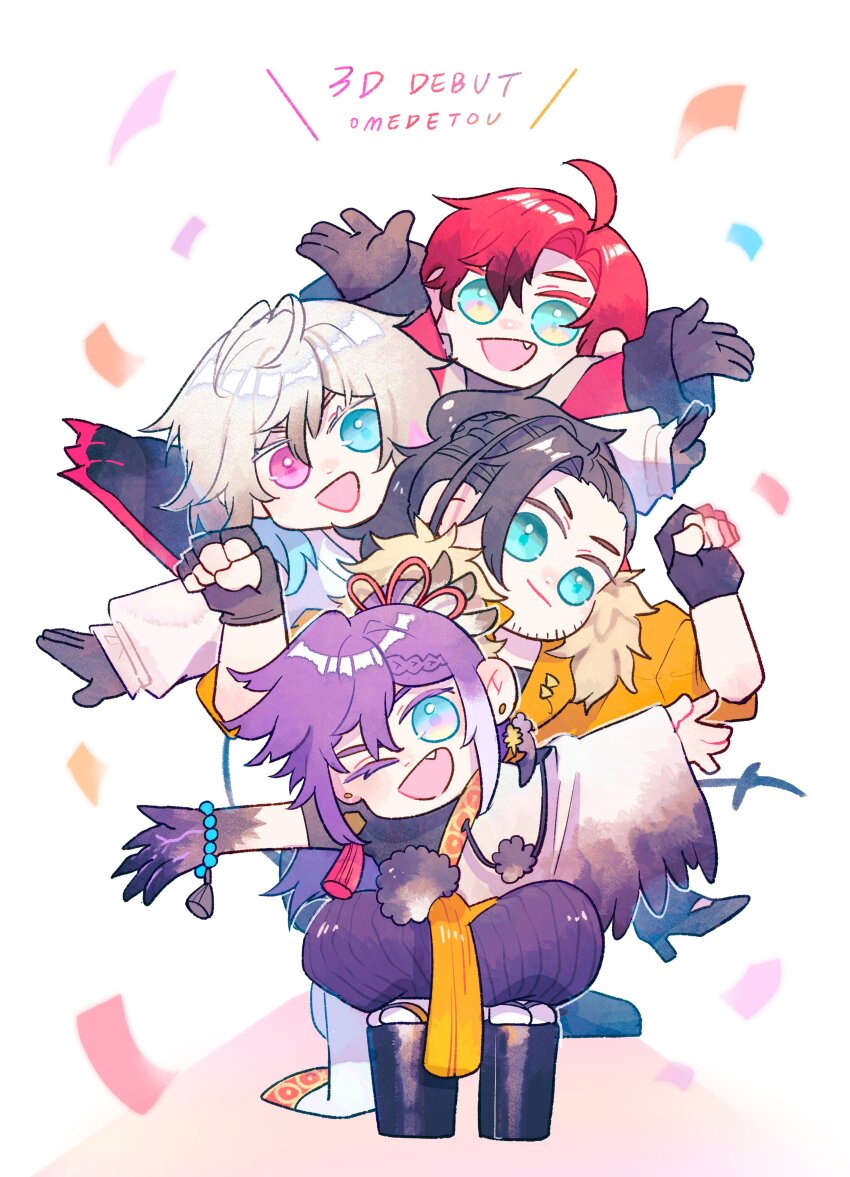 4boys absurdres ahoge banzoin_hakka bead_bracelet beads beard_stubble black_gloves black_hair boots bracelet braid braided_bangs chibi chibi_only collarbone confetti earrings english_text eyelashes facial_hair feathers fingerless_gloves gavis_bettel geta gloves grey_hair hair_between_eyes hakama hakama_pants hashtag-only_commentary heterochromia high_heel_boots high_heels highres holostars holostars_english holotempus japanese_clothes jewelry josuiji_shinri licwiz_1103 looking_at_viewer machina_x_flayon male_focus medium_hair multiple_boys one_eye_closed open_mouth pants purple_hakama red_hair short_hair smile stubble virtual_youtuber white_background