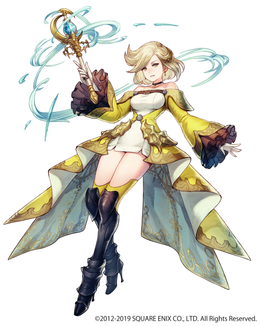 2012 2019 arm_at_side armored_boots black_boots black_choker blonde_hair boots bravely_default:_praying_brage bravely_default_(series) breasts character_request choker company_name copyright_notice crescent crescent_hair_ornament dress earrings gloves hair_ornament hand_up high_heels highres holding holding_wand jewelry knee_boots long_sleeves looking_at_viewer magic medium_breasts off-shoulder_dress off_shoulder official_art orange_eyes parted_lips satou_kivi short_hair simple_background stiletto_heels thighhighs wand white_background white_gloves yellow_thighhighs