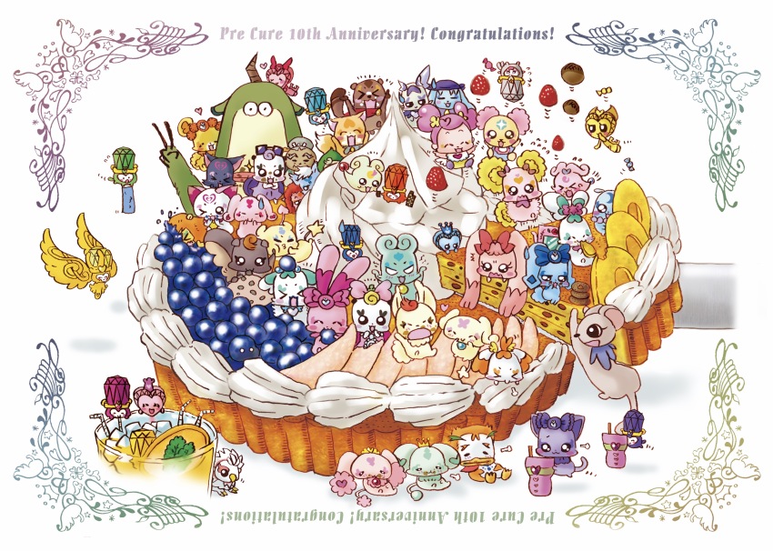 1girl absurdres ai-chan_(dokidoki!_precure) akaooni animal baby bird candy_(smile_precure!) cat character_request chiffon_(fresh_precure!) choppy chypre_(heartcatch_precure!) coco_(yes!_precure_5) coffret_(heartcatch_precure!) cologne_(heartcatch_precure!) coupe_(heartcatch_precure!) crescendo_tone cup davi_(dokidoki!_precure) dodory dokidoki!_precure dory drinking_glass english_text fary ferret flappy_(futari_wa_precure) flying_sweatdrops food foop fresh_precure! fruit_tart futari_wa_precure futari_wa_precure_max_heart futari_wa_precure_splash_star gurasan_(happinesscharge_precure!) happinesscharge_precure! happy happy_anniversary heartcatch_precure! highres hummy_(suite_precure) juice lary lulun majorin majorina mepple milk_(yes!_precure_5) mipple miry moop mori3dori motion_lines nuts_(yes!_precure_5) onini oversized_animal picture_frame pop_(smile_precure!) porun potpourri_(heartcatch_precure!) precure rakeru_(dokidoki!_precure) rance_(dokidoki!_precure) rery ribbon_(happinesscharge_precure!) seiren_(suite_precure) shadow sharuru_(dokidoki!_precure) simple_background sory squirrel suite_precure syrup_(yes!_precure_5) tart_(food) tart_(fresh_precure!) tiry ururun whipped_cream white_background wolfrun yes!_precure_5 yes!_precure_5_gogo!