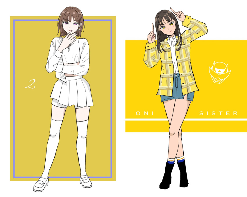 2girls auburn_hair avataro_sentai_donbrothers brown_hair highres kito_haruka koto_160206 multiple_girls pink_eyes school_uniform sononi_(donbrothers) super_sentai yellow_eyes