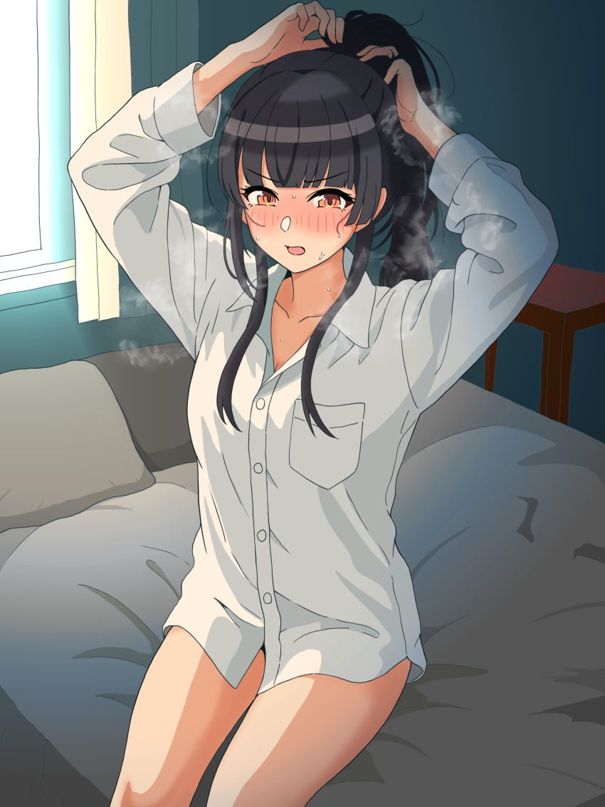 1girl :o arms_up black_hair blunt_bangs blush borrowed_clothes commentary_request dress_shirt highres hondy_(user_gcxa2842) idolmaster idolmaster_shiny_colors indoors looking_at_viewer mayuzumi_fuyuko no_pants ponytail shirt sitting solo steam sweat thighs tying_hair white_shirt