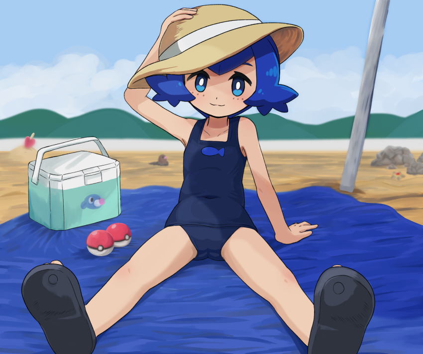 1girl animal_print arm_support beach beach_towel blue_eyes blue_hair bright_pupils character_print closed_mouth cloud collarbone commentary_request cooler day diglett fish_print flip-flops gen_1_pokemon gen_7_pokemon happy hat highres hill lana_(pokemon) looking_at_viewer nintendo no_sclera one-piece_swimsuit outdoors poke_ball poke_ball_(basic) pokemon pokemon_(anime) pokemon_sm_(anime) popplio rock sand sandals shoe_soles short_hair sitting sky smile solo swimsuit takamame towel white_pupils yellow_hat