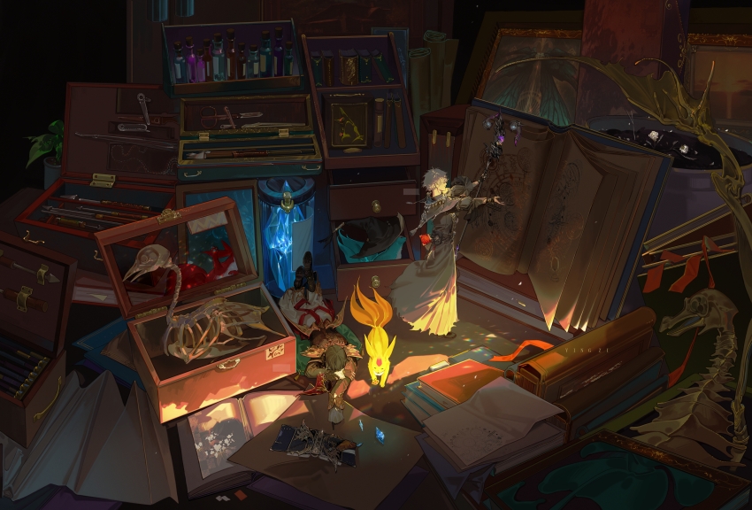 2boys absurdres animal_skeleton artist_name belt black_footwear black_gloves book book_stack bookmark bottle capelet carbuncle_(final_fantasy) chinese_commentary commentary_request crystal crystal_shards drawer fake_wings final_fantasy final_fantasy_xiv from_above glint gloves hat highres holding holding_staff long_sleeves low_wings lying mini_person miniboy multiple_boys on_stomach open_book open_drawer painting_(object) paper plant potted_plant robe scenery scissors scroll shards shoes short_hair staff standing summoner_(final_fantasy) toolbox unworn_hat unworn_headwear warrior_of_light_(ff14) white_capelet white_hair white_robe wide_shot wings witch_hat yingzi