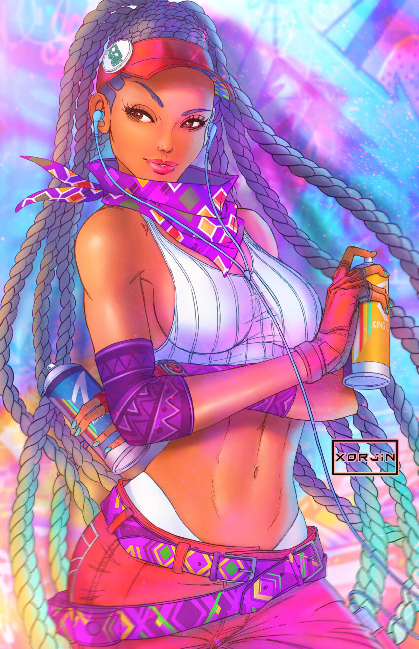 1girl absurdres artist_name bandana bandana_around_neck belt braid breasts brown_eyes commentary crossed_arms dark-skinned_female dark_skin dual_wielding earbuds earphones english_commentary eyelashes eyeshadow graffiti highres holding kimberly_jackson lipstick makeup midriff navel purple_belt red_shorts shorts small_breasts spray_paint street_fighter visor_cap xorjin