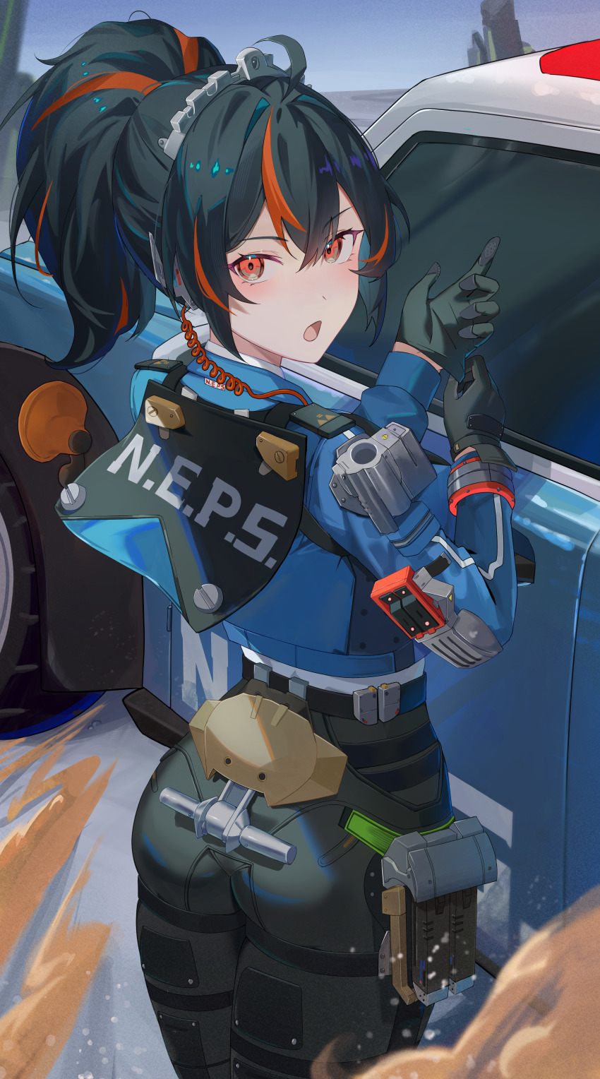 1girl :o absurdres adjusting_clothes adjusting_gloves ass black_gloves black_hair blue_jacket car chamaru5963 commentary_request cowboy_shot dust earpiece from_behind gloves handlebar hands_up high-waist_pants highres holster jacket looking_at_viewer looking_back metal_hairband motor_vehicle multicolored_hair pants police police_car police_uniform policewoman ponytail red_eyes red_hair shoulder_holster solo streaked_hair tight_clothes tight_pants zenless_zone_zero zhu_yuan