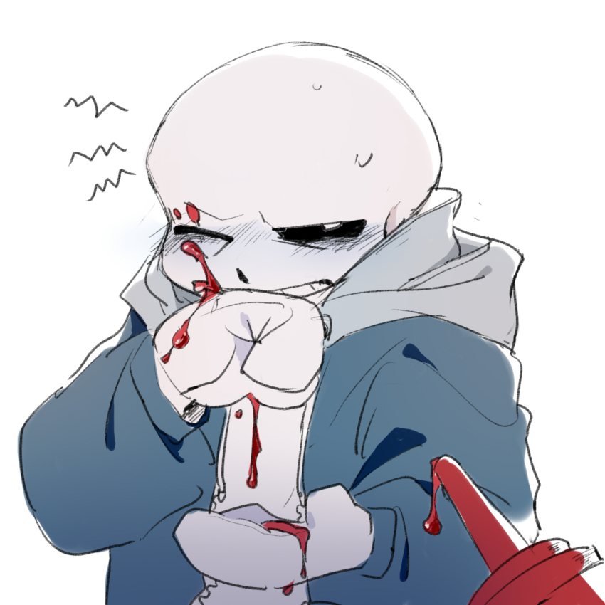 1boy ambiguous_red_liquid annoyed blue_jacket blush bright_pupils chinese_commentary commentary_request false_smile gloves grey_hood grin heichiyo highres hollow_eyes hood hood_down hooded_jacket jacket ketchup ketchup_bottle layered_sleeves long_sleeves looking_at_viewer male_focus one_eye_closed sans_(undertale) shirt shout_lines simple_background skeleton smile solo sweatdrop undertale upper_body white_background white_gloves white_pupils white_shirt