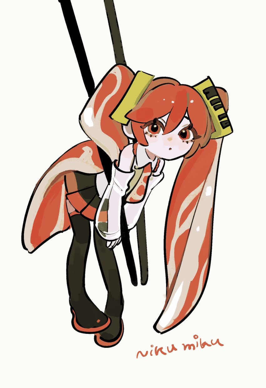 1girl black_boots black_skirt boots borrowed_design carrying carrying_person character_name chopsticks collared_shirt dee_(tannsumi) detached_sleeves food-themed_hair full_body hair_ornament hatsune_miku highres holding holding_chopsticks holding_with_chopsticks leaning_forward looking_at_viewer mini_person minigirl miniskirt necktie niku_miku_(nankai) parted_lips pleated_skirt red_eyes red_necktie see-through_clothes see-through_sleeves shirt simple_background skirt sleeveless sleeveless_shirt sliced_meat solo thigh_boots twintails vocaloid white_background white_shirt