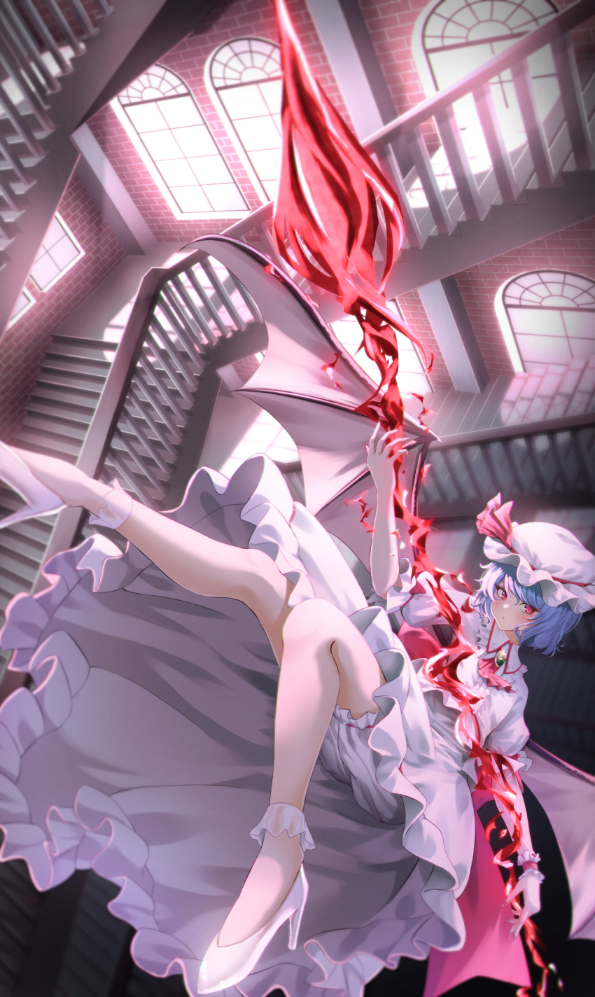 1girl bat_wings bloomers blue_hair brooch dress fall_(5754478) falling hat high_heels highres holding holding_weapon indoors jewelry mob_cap polearm red_eyes remilia_scarlet shoes solo spear spear_the_gungnir stairs sunlight touhou underwear weapon white_dress window wings