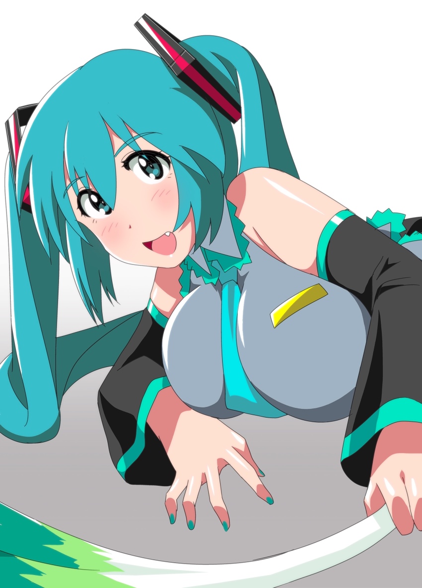 1girl absurdly_long_hair absurdres anniversary aqua_eyes aqua_hair artist_name artist_request bare_shoulders blue_eyes blue_hair blue_nail_polish blue_nails blue_neckwear breasts collared_shirt doki2sdale female_focus food grey_shirt hatsune_miku highres holding holding_food holding_spring_onion holding_vegetable ievan_polkka_(vocaloid) large_breasts long_hair nail_(hardware) nail_polish sharp_teeth shirt short_sleeves solo spring_onion teeth twintails upper_body vegetable very_long_hair vocaloid white_background