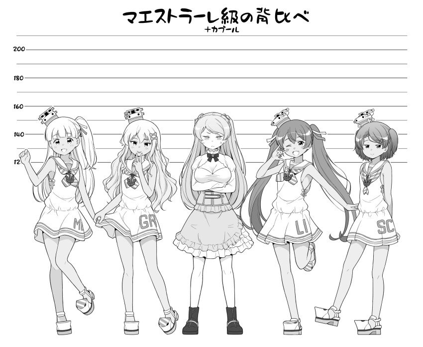 5girls anchor_hair_ornament anchor_necklace anchor_ornament bow breasts cleavage_cutout clothing_cutout conte_di_cavour_(kancolle) dark-skinned_female dark_skin dress frilled_dress frills grecale_(kancolle) greyscale hair_bow hair_ornament highres jewelry kantai_collection large_breasts layered_dress libeccio_(kancolle) long_hair low-cut_armhole maestrale_(kancolle) monochrome multiple_girls neckerchief necklace one_eye_closed one_side_up sailor_dress scirocco_(kancolle) short_hair sleeveless sleeveless_dress striped_neckerchief tenshin_amaguri_(inobeeto) translated twintails two-tone_dress two_side_up very_long_hair