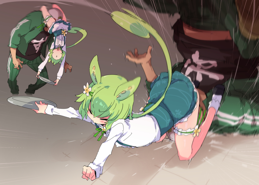 1boy 1girl black_footwear black_shirt closed_eyes commentary_request flower full_body green_hair green_jacket green_pants green_skirt grey_background hair_flower hair_ornament holding holding_tray jacket long_hair long_sleeves low_ponytail open_clothes open_jacket pants pea_pod petenshi_(dr._vermilion) ponytail scissorhold shirt shoes skirt suplex suspender_skirt suspenders track_jacket track_pants track_suit tray very_long_hair voiceroid voicevox waitress_zundamon white_flower white_footwear white_shirt zundamon