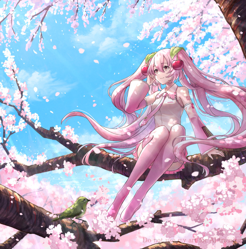 1girl arm_tattoo bare_shoulders bird blue_sky boots branch cherry_blossoms cherry_hair_ornament cherry_tree closed_mouth cloud collared_shirt commentary detached_sleeves english_text falling_petals flower food-themed_hair_ornament full_body green_bird hair_ornament hand_in_own_hair hand_up hatsune_miku highres leaf light_rays long_hair long_sleeves looking_to_the_side miku_day miniskirt number_tattoo official_alternate_color official_alternate_hair_color on_tree petals pink_boots pink_eyes pink_flower pink_hair pink_petals pink_skirt pink_sleeves sakura_miku shirt sitting skirt sky sleeveless sleeveless_shirt smile solo spring_(season) sunlight tanaka_fumiko tattoo thigh_boots twintails very_long_hair vocaloid white_shirt wide_sleeves wind wing_collar