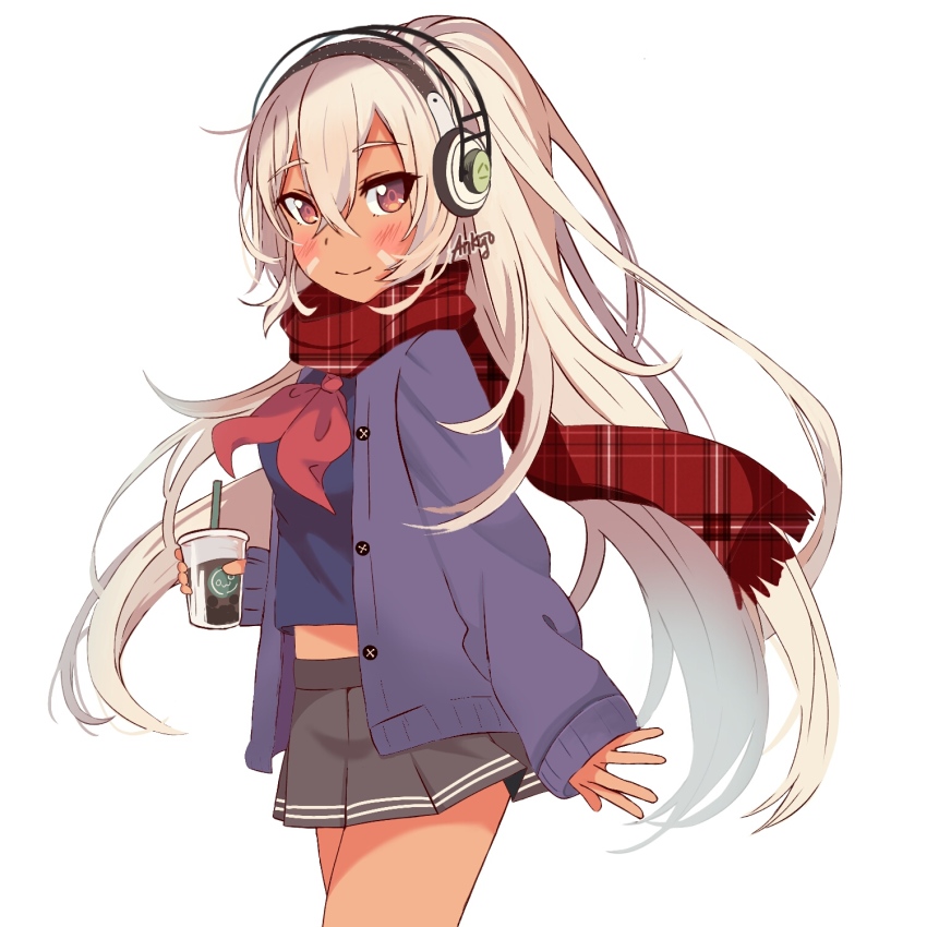 1girl ankujo artist_name azur_lane black_skirt blush brown_eyes bubble_tea buttons closed_mouth commentary cup dark-skinned_female dark_skin disposable_cup drinking_straw female_focus from_side gyaru hair_between_eyes headphones highres holding holding_cup jacket long_hair long_sleeves looking_at_viewer midriff miniskirt minneapolis_(azur_lane) minneapolis_(wild_huntress_schoolgirl)_(azur_lane) neckerchief open_clothes open_jacket plaid_clothes plaid_scarf platinum_blonde_hair pleated_skirt ponytail red_neckerchief scarf school_uniform sidelocks signature simple_background skirt sleeves_past_wrists smile solo standing unmoving_pattern very_long_hair walking white_background