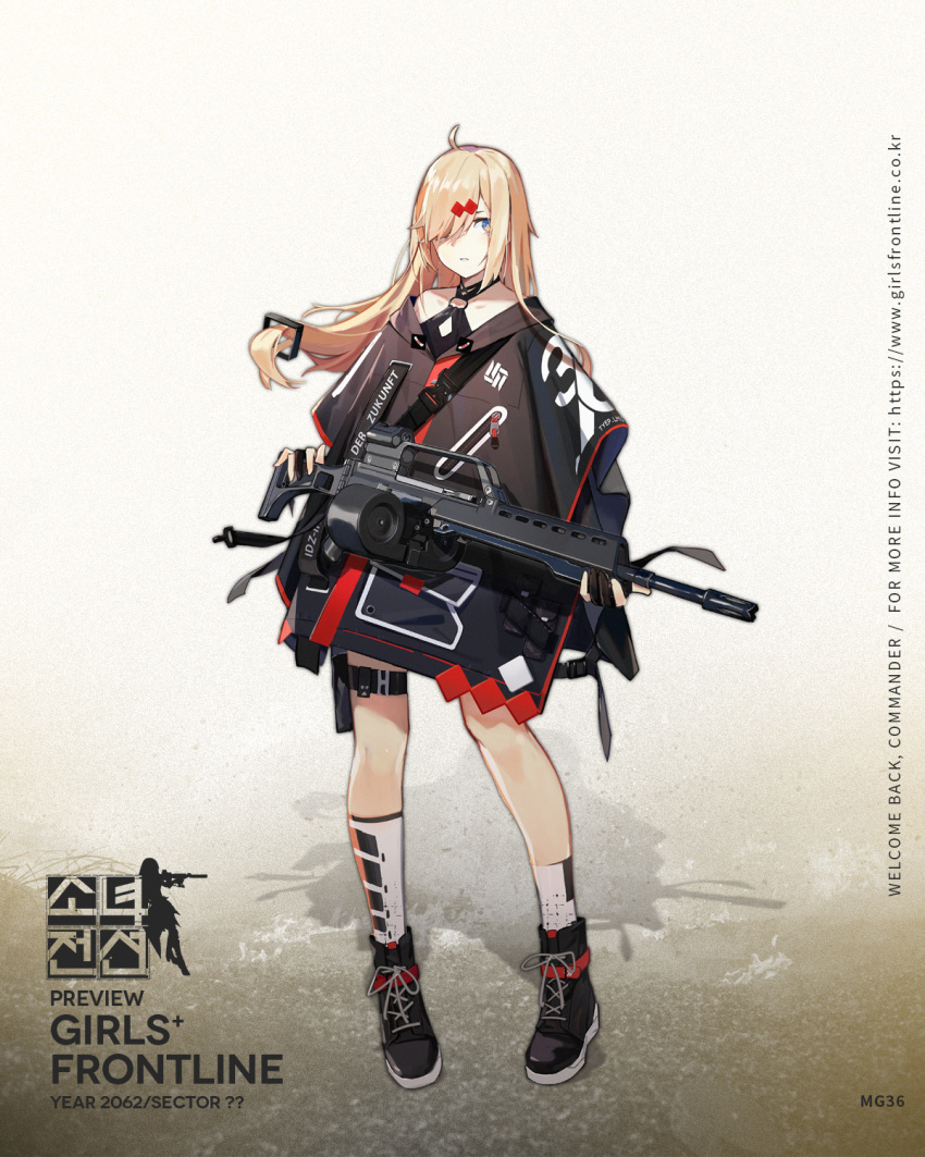 1girl ahoge assault_rifle asymmetrical_legwear beta_c-mag black_gloves blonde_hair blue_eyes boots buckle character_name choker clothes_writing coat double-drum_magazine drum_magazine female_focus full_body girls&#039;_frontline gloves gun h&amp;k_mg36 hair_ornament hair_over_one_eye heckler_&amp;_koch high-capacity_magazine highres holding holding_gun holding_weapon kneehighs lace-up_boots long_hair magazine_(weapon) mg36_(girls&#039;_frontline) mole mole_under_eye multicolored_clothes muzzle_device o-ring off_shoulder official_art parted_lips partially_fingerless_gloves rifle sidelocks single_kneehigh single_sock snap-fit_buckle socks solo standing thigh_strap uneven_legwear weapon zipper