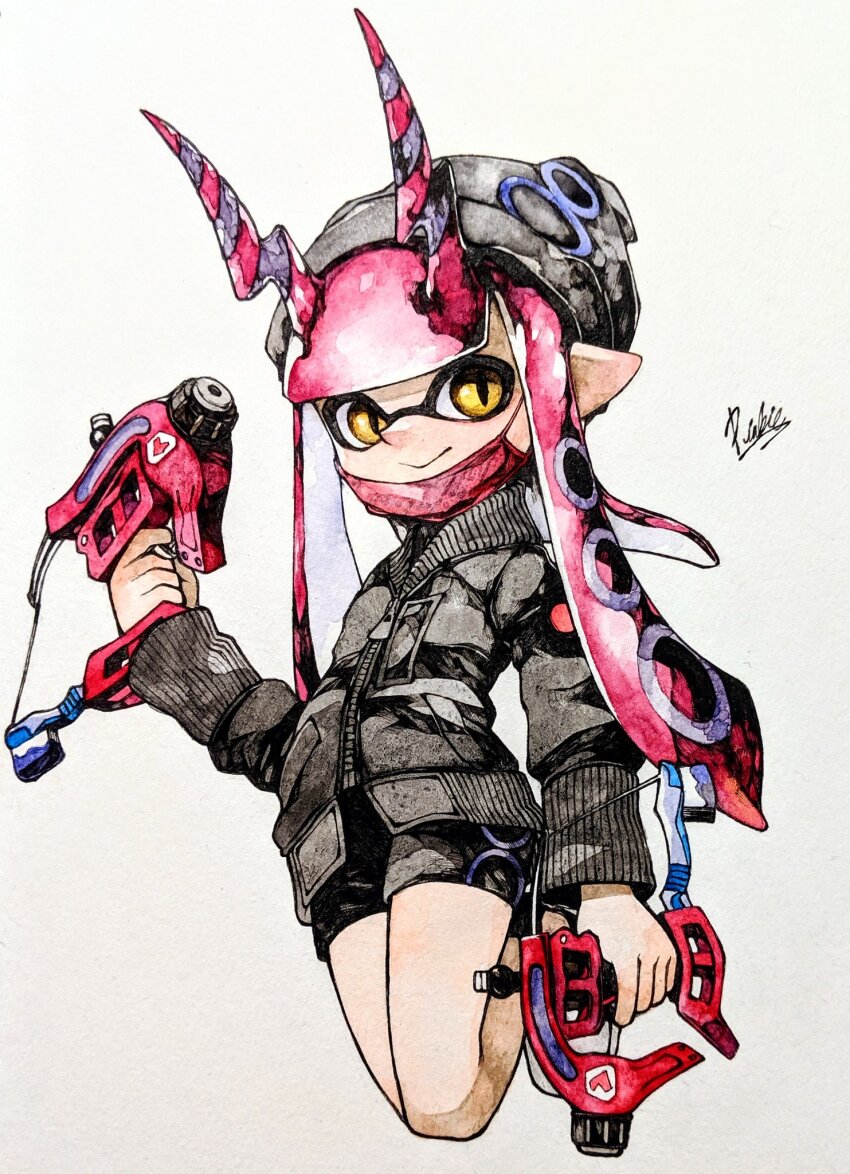 1girl beanie black_hat black_jacket black_shorts blunt_bangs closed_mouth commentary_request dapple_dualies_(splatoon) dual_wielding hat highres holding holding_weapon horns inkling inkling_girl inkling_player_character jacket long_hair long_sleeves mask mask_pull mhxbump mouth_mask multicolored_hair nintendo pink_hair pink_horns pink_mask pointy_ears purple_hair shorts signature simple_background slit_pupils smile solo splatoon_(series) striped_horns tentacle_hair two-tone_hair weapon white_background yellow_eyes zipper zipper_pull_tab