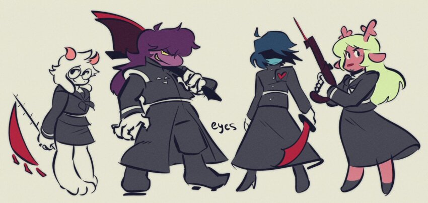 axe black_shirt blonde_hair blue_hair crossover deltarune full_body gun heart high_heels holding holding_axe holding_gun holding_sword holding_weapon kris_(deltarune) last_defense_academy_school_uniform noelle_holiday purple_hair ralsei shirt simple_background standing susie_(deltarune) sword the_hundred_line_-last_defense_academy- weapon white_fur