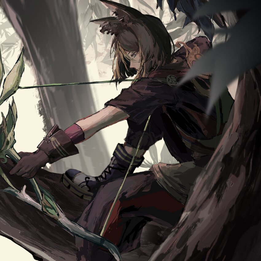 1boy 4nnzz aiming animal_ear_fluff animal_ears black_hair boots bow_(weapon) fox_boy fox_ears from_side genshin_impact gloves hair_between_eyes highres holding holding_bow_(weapon) holding_weapon hunter&#039;s_path_(genshin_impact) in_tree leaf male_focus multicolored_hair pants profile sitting solo streaked_hair tighnari_(genshin_impact) tree weapon