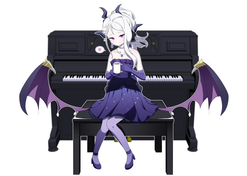 1girl absurdres black_halo blue_archive breasts demon_girl demon_horns demon_wings dress earrings full_body gloves grand_piano halo highres hina_(blue_archive) hina_(dress)_(blue_archive) horns instrument jewelry kedegn long_hair necklace off_shoulder pantyhose pendant piano purple_dress purple_eyes purple_gloves sitting small_breasts solo white_hair wings