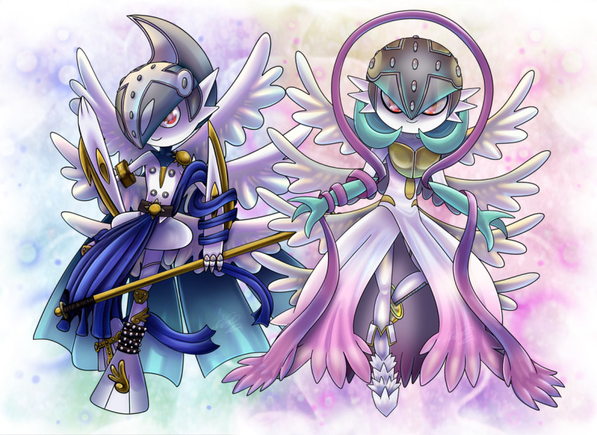 1boy 1girl angel_wings angemon angemon_(cosplay) angewomon angewomon_(cosplay) bob_cut cosplay digimon gallade gardevoir gen_3_pokemon gen_4_pokemon green_hair helmet holding holding_staff mamajebbun mega_gallade mega_gardevoir mega_pokemon nintendo pink_eyes pokemon pokemon_(creature) shoes smile staff white_shoes wings