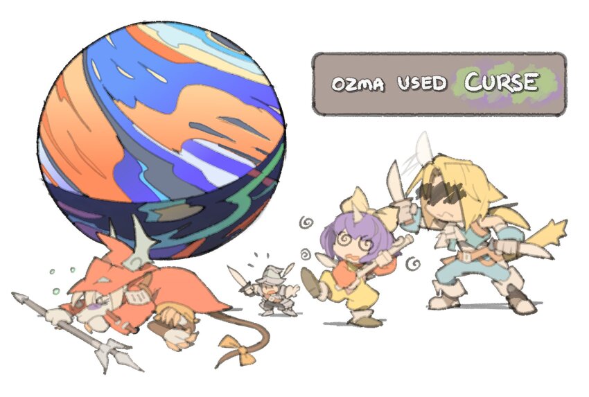 2boys 2girls @_@ adelbert_steiner armor ascot battle blonde_hair blue_pants blue_vest boots bow burmecian chibi clawed_feet coat dagger dual_wielding eiko_carol english_text fighting_stance final_fantasy final_fantasy_ix freija_crescent grey_hair hair_bow hat helmet highres holding holding_dagger holding_knife holding_polearm holding_staff holding_sword holding_weapon horns knife low_ponytail monkey_tail mouse_girl mouse_tail multiple_boys multiple_girls overalls pants polearm ponytail purple_hair red_coat red_hat ribbon short_hair_with_long_locks shoulder_armor single_horn staff sword tail tail_ornament tail_ribbon temmie_chang vest wavy_mouth weapon white_ascot white_background winged_hat wrist_cuffs yellow_bow yellow_overalls zidane_tribal