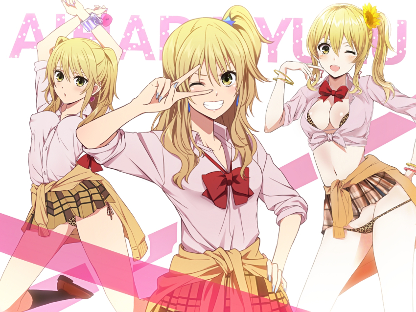 1girl aihara_academy_school_uniform aihara_yuzu blonde_hair blush breasts citrus_(saburouta) cleavage clothes_around_waist ear_blush earrings green_eyes highres jewelry long_hair looking_at_viewer medium_breasts open_mouth pink_shirt saint_laurent_paris school_uniform shirt shoulder_blush skirt smile sweater sweater_around_waist