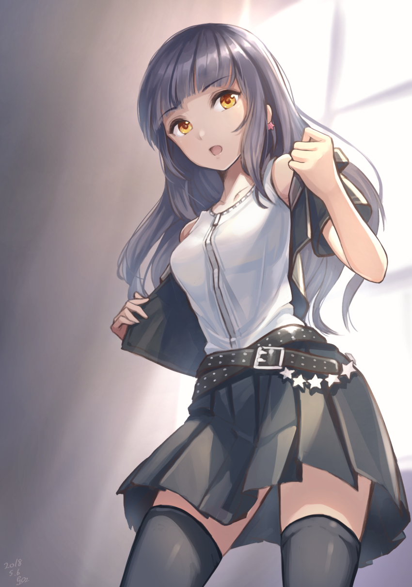 1girl 2018 bare_shoulders belt belt_buckle black_belt black_hair black_skirt black_thighhighs blunt_bangs breasts buckle collarbone cowboy_shot dated earrings female_focus gogo_(detteiu_de) highres jewelry kingdom_hearts kingdom_hearts_unchained_x legs_apart long_hair medium_breasts miniskirt open_clothes open_mouth orange_eyes pleated_skirt shirt short_sleeves signature skirt skuld_(kingdom_hearts) solo standing star_(symbol) star_earrings tank_top thighhighs thighs white_shirt window zettai_ryouiki
