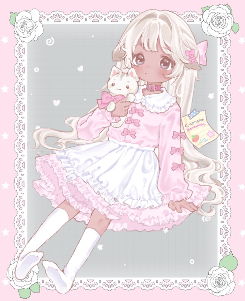 1girl animal_ears arm_at_side belt_collar blonde_hair blue_eyes border bow child choker closed_mouth collar commentary commission dark-skinned_female dark_skin dot_mouth dot_nose dress dress_bow expressionless flower frilled_dress frilled_sleeves frills full_body green_background hair_bow hair_intakes heart highres holding holding_stuffed_toy kneehighs long_hair long_sleeves medium_dress melity original ornate_border outside_border pink_background pink_bow pink_dress red_choker rose socks solo straight_hair stuffed_animal stuffed_toy twitter_username wavy_hair white_border white_flower white_rose white_socks