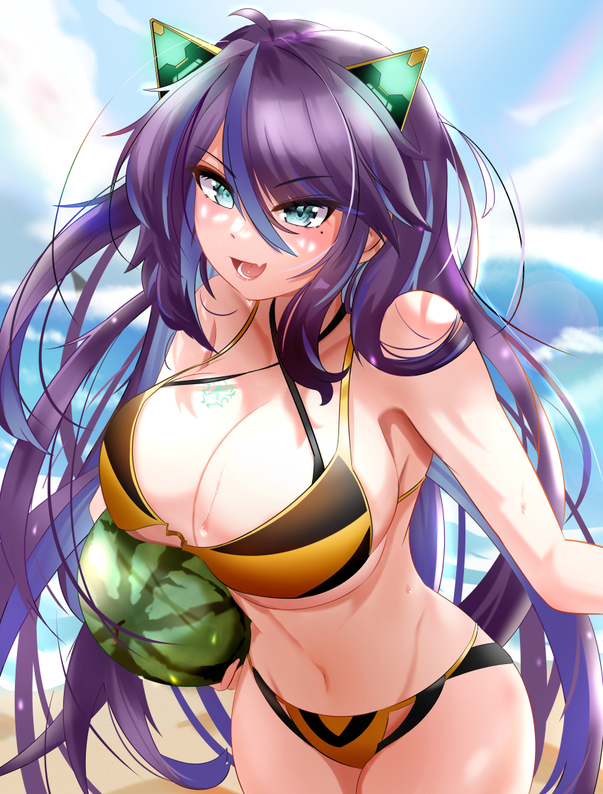 1girl absurdres animal_ears aqua_eyes bare_shoulders beach bikini blue_eyes breasts cat_ears cleavage collarbone cowboy_shot food fruit hair_between_eyes halterneck highres kappaako kson large_breasts leaning_forward long_hair looking_at_viewer messy_hair mole mole_under_eye multicolored_hair navel open_mouth purple_hair robot_ears smile streaked_hair swimsuit tsurime very_long_hair virtual_youtuber vshojo watermelon
